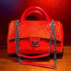 Charles Jourdan red suede handbag with handles and shoulder strap